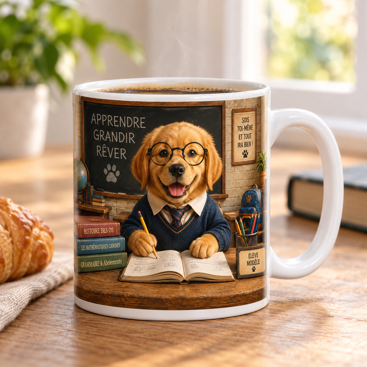 Mug Chien Élève Modèle « Apprendre, Grandir, Rêver » posé sur une table en bois avec un croissant, pause café