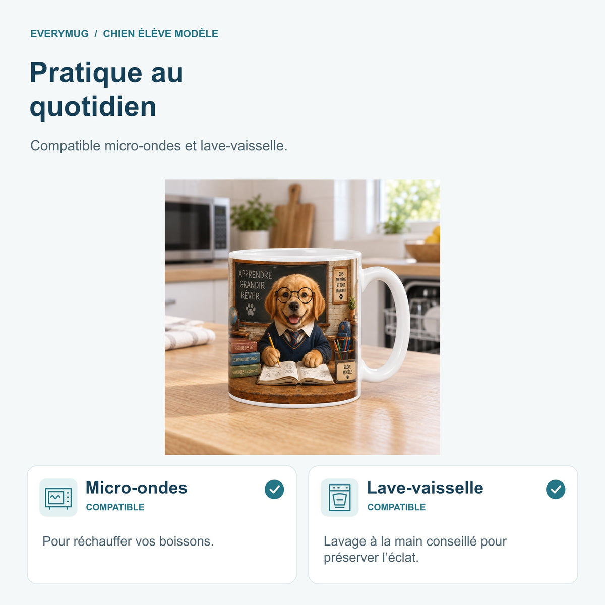 Mug Chien Élève Modèle compatible micro-ondes et lave-vaisselle, dans une cuisine