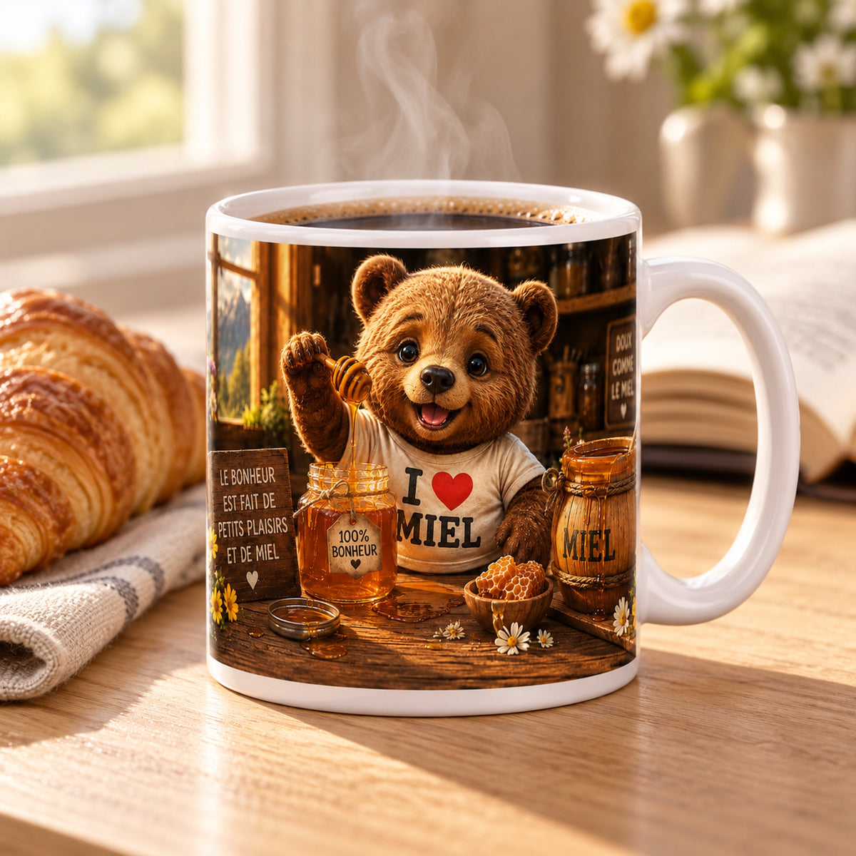 Mug Ourson I Love Miel « 100% Bonheur » posé sur une table en bois avec un croissant, pause café