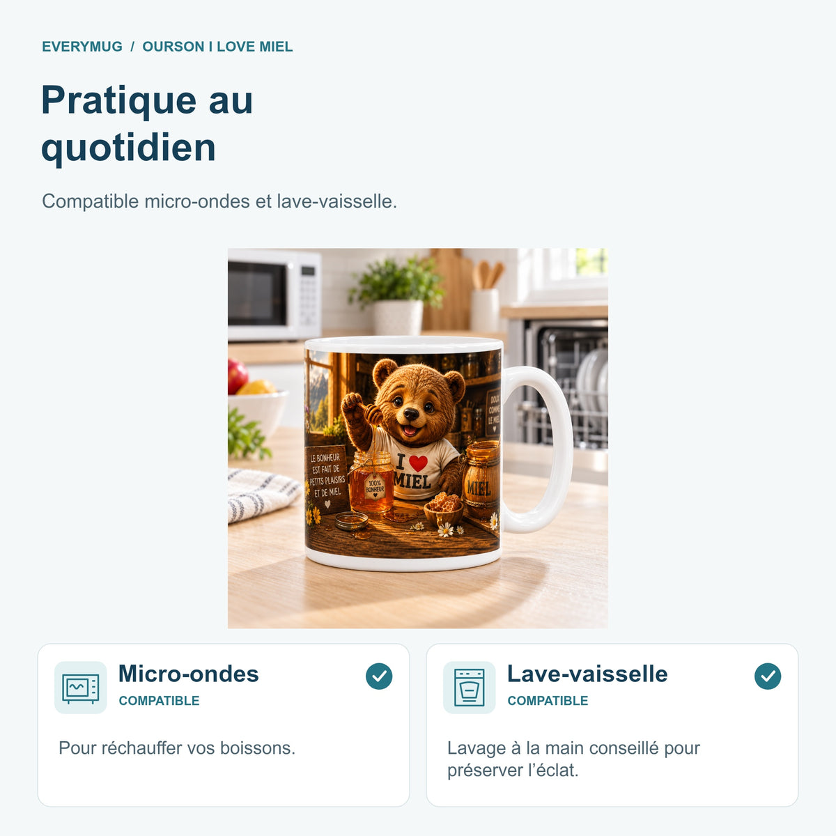 Mug Ourson I Love Miel compatible micro-ondes et lave-vaisselle, dans une cuisine