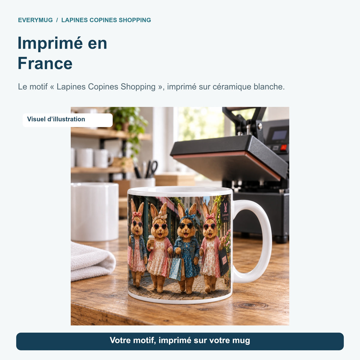 Mug Lapines Copines Shopping dans l'atelier d'impression en France, près de la presse à mugs