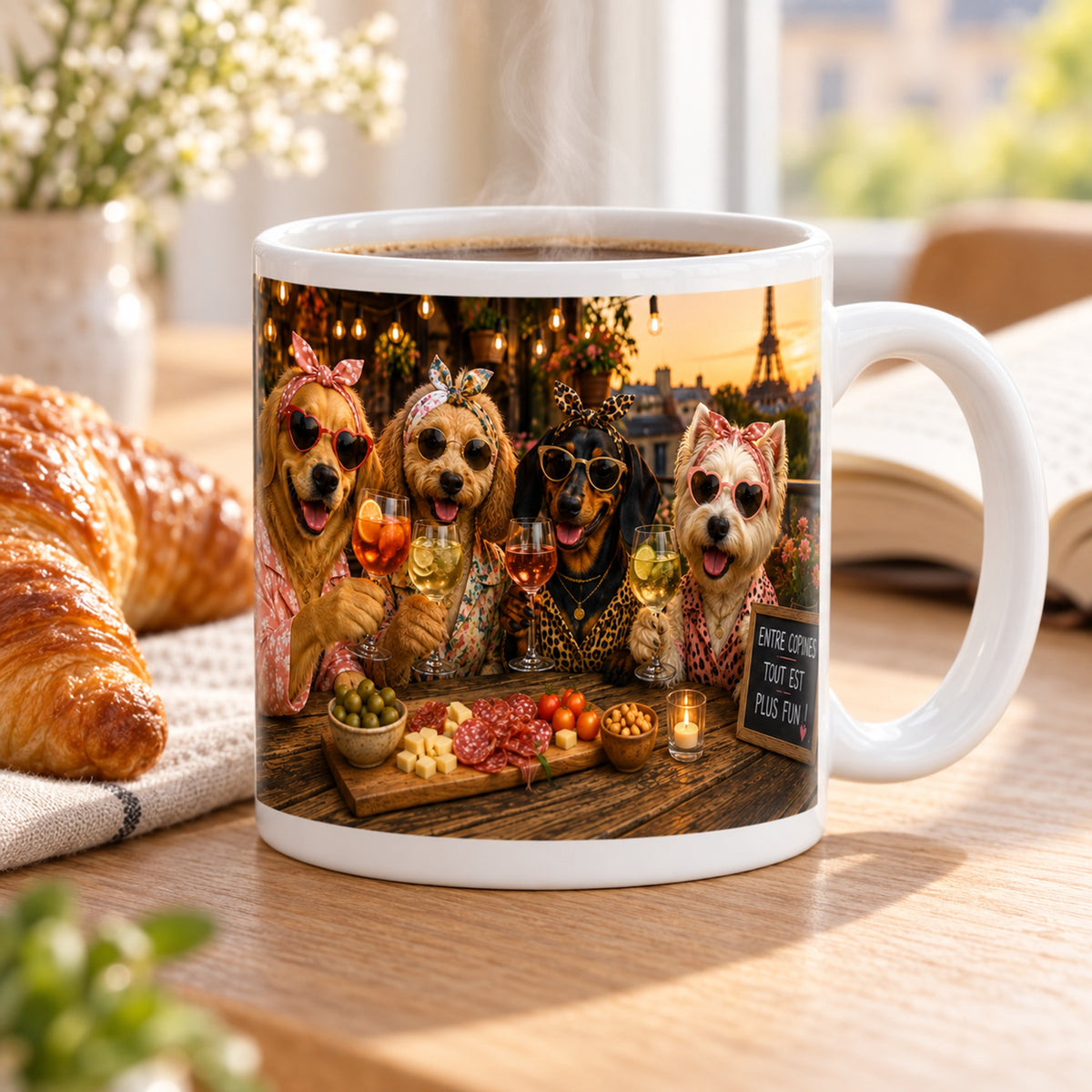 Mug Chiennes Apéro Entre Copines « Terrasse Parisienne » posé sur une table en bois avec un croissant, pause café