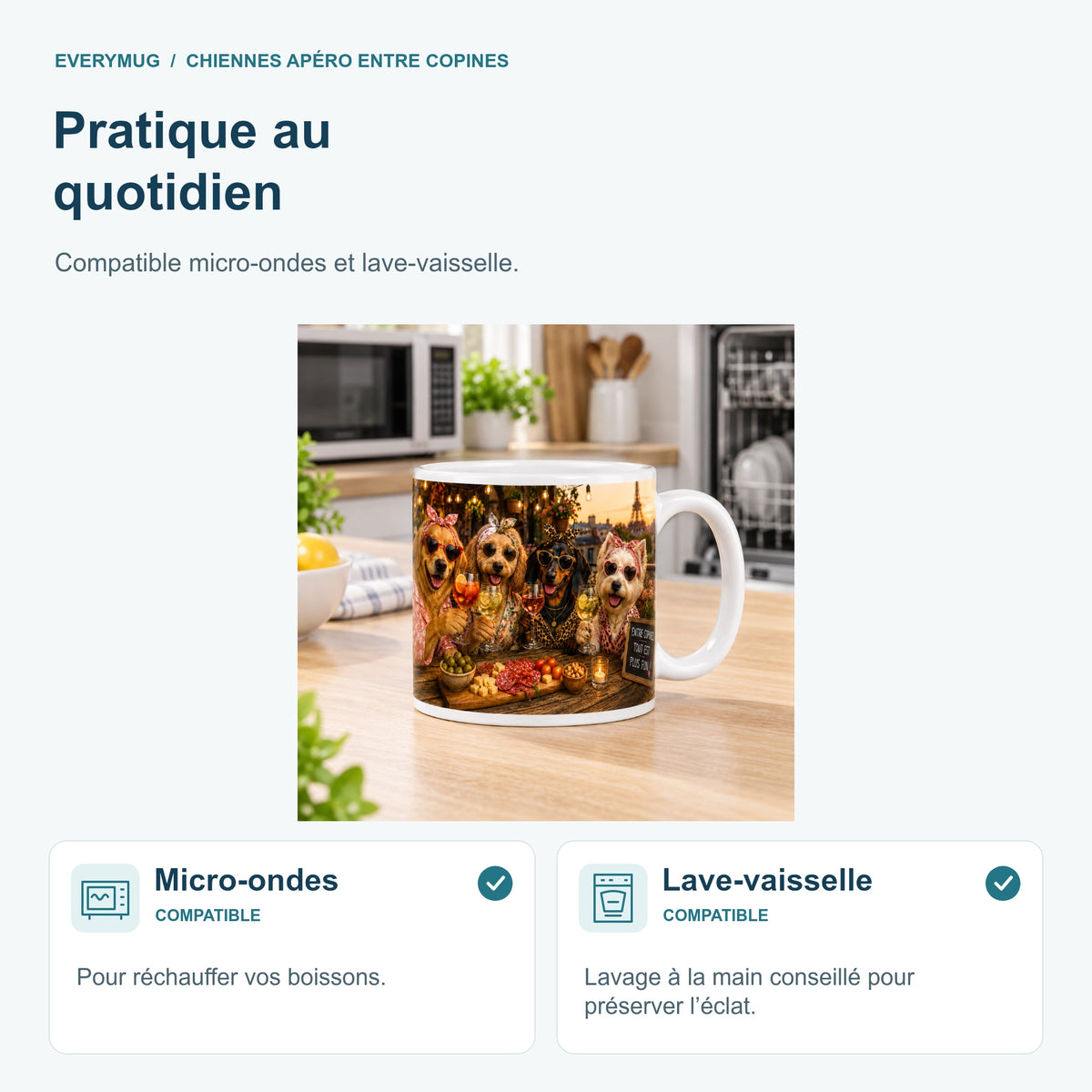Mug Chiennes Apéro Entre Copines compatible micro-ondes et lave-vaisselle, dans une cuisine