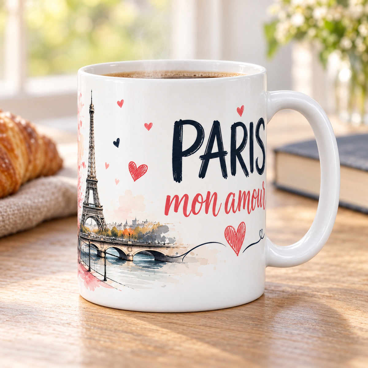 Mug Paris Mon Amour « Tour Eiffel Aquarelle » posé sur une table en bois avec un croissant, pause café