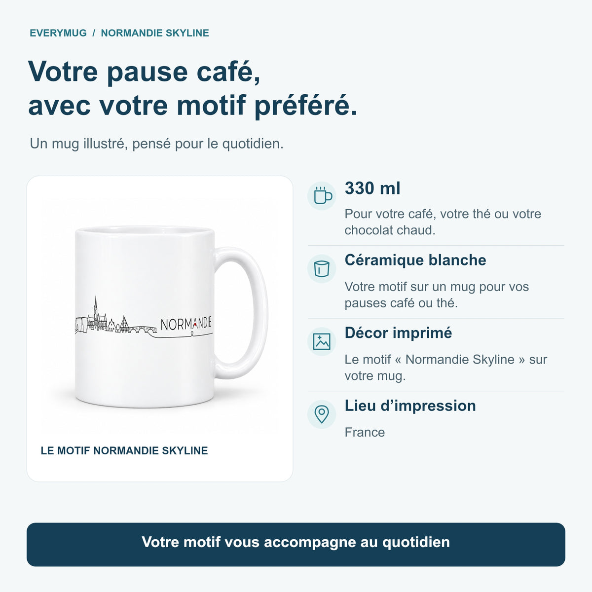 Caractéristiques du mug Normandie Skyline : céramique blanche 330 ml, décor imprimé, impression en France