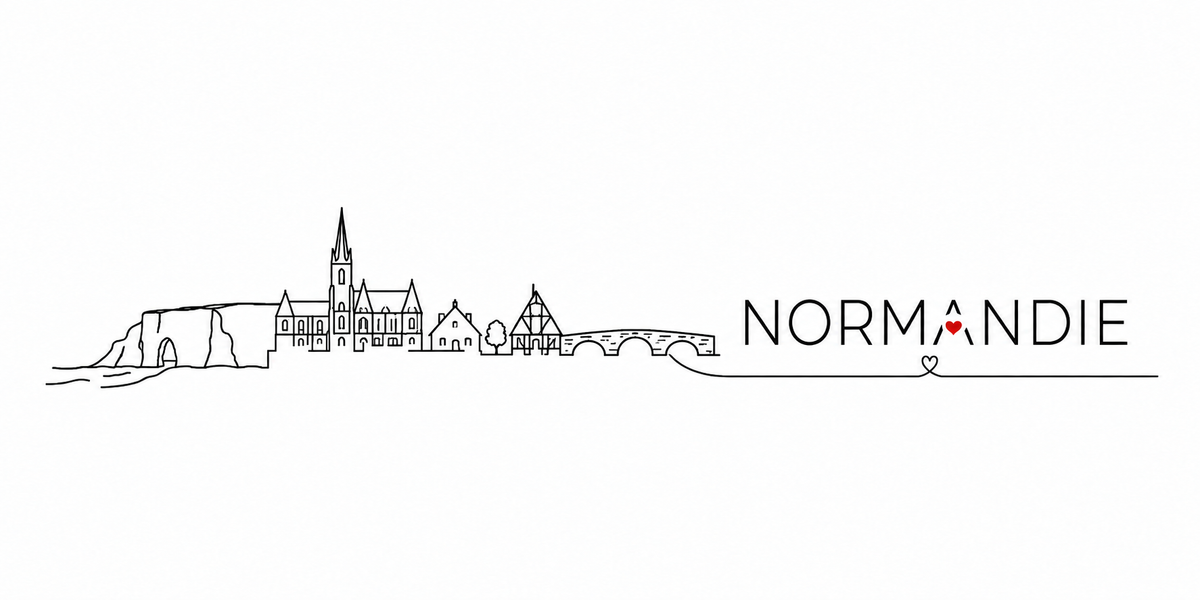 Skyline de Normandie dessinee d'un trait noir continu sur fond blanc : la falaise percee d'Etretat a gauche, une abbatiale et une cathedrale, des maisons a colombages, un pont de pierre, et le nom NORMANDIE en capitales avec un petit coeur rouge dans le A