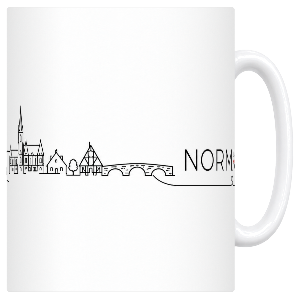 Mug blanc en ceramique 330 ml illustre d'une skyline de Normandie au trait