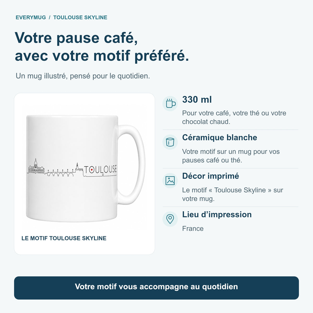 Caractéristiques du mug Toulouse Skyline : céramique blanche 330 ml, décor imprimé, impression en France