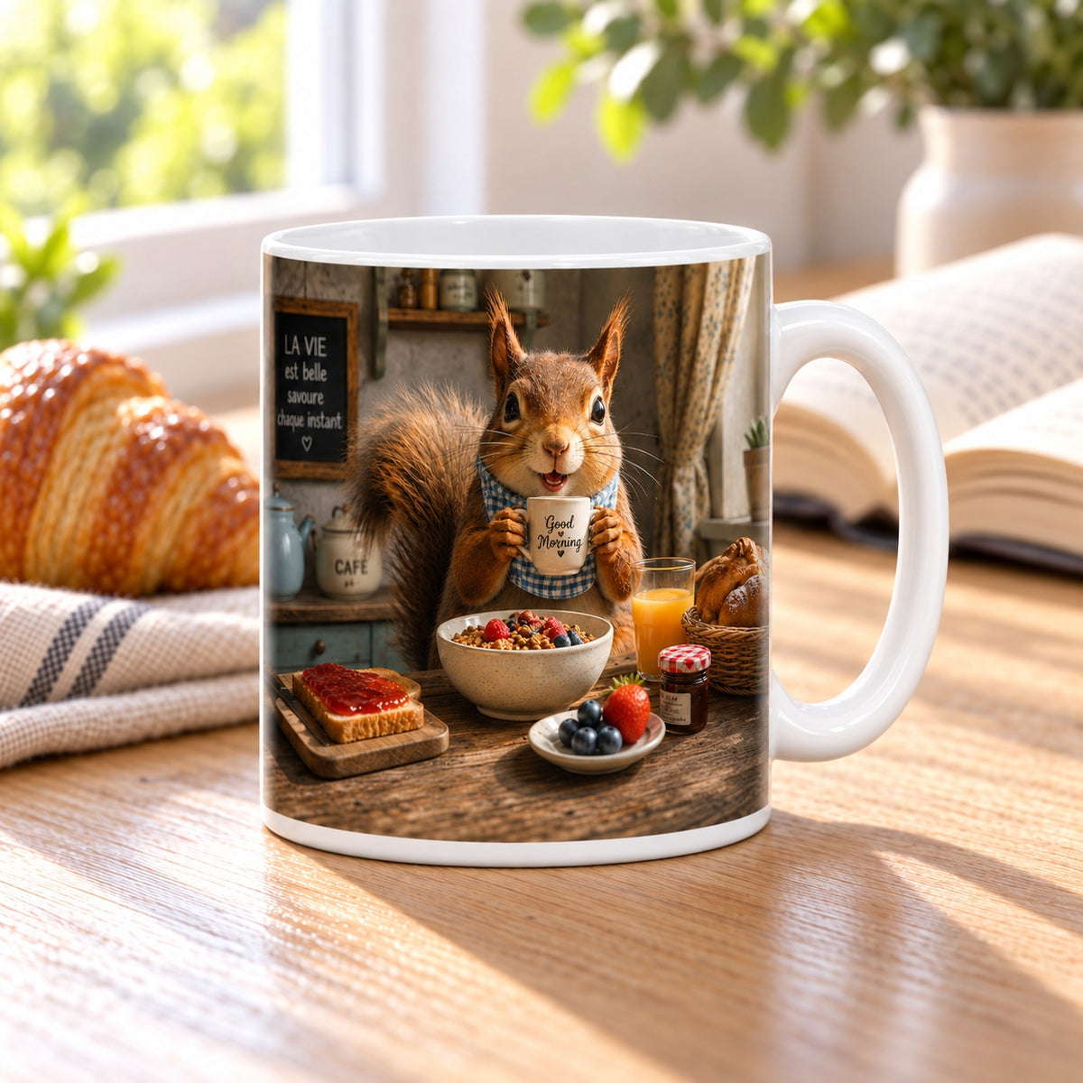 Mug Écureuil Good Morning « La Vie est Belle » posé sur une table en bois avec un croissant, pause café