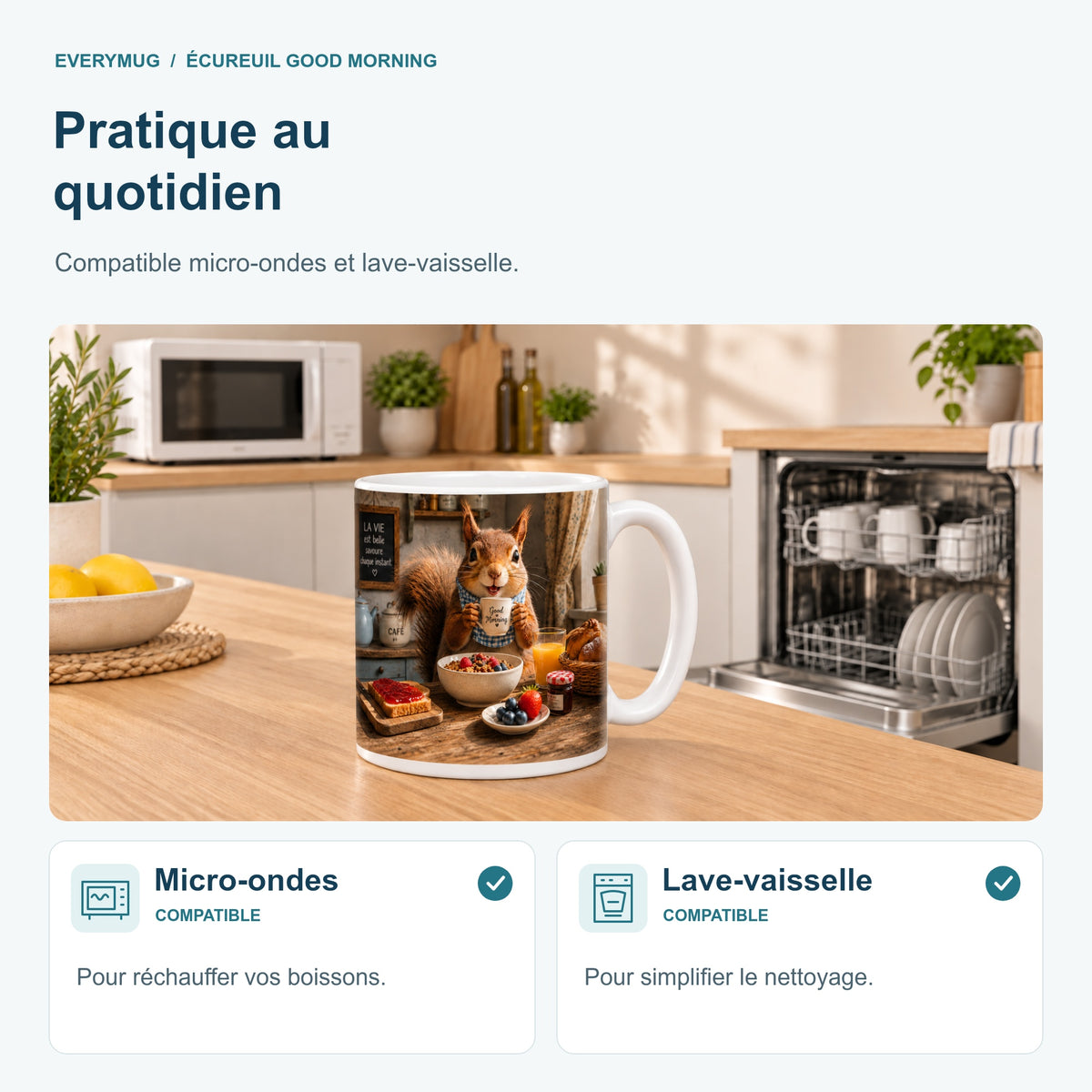 Mug Écureuil Good Morning compatible micro-ondes et lave-vaisselle, dans une cuisine