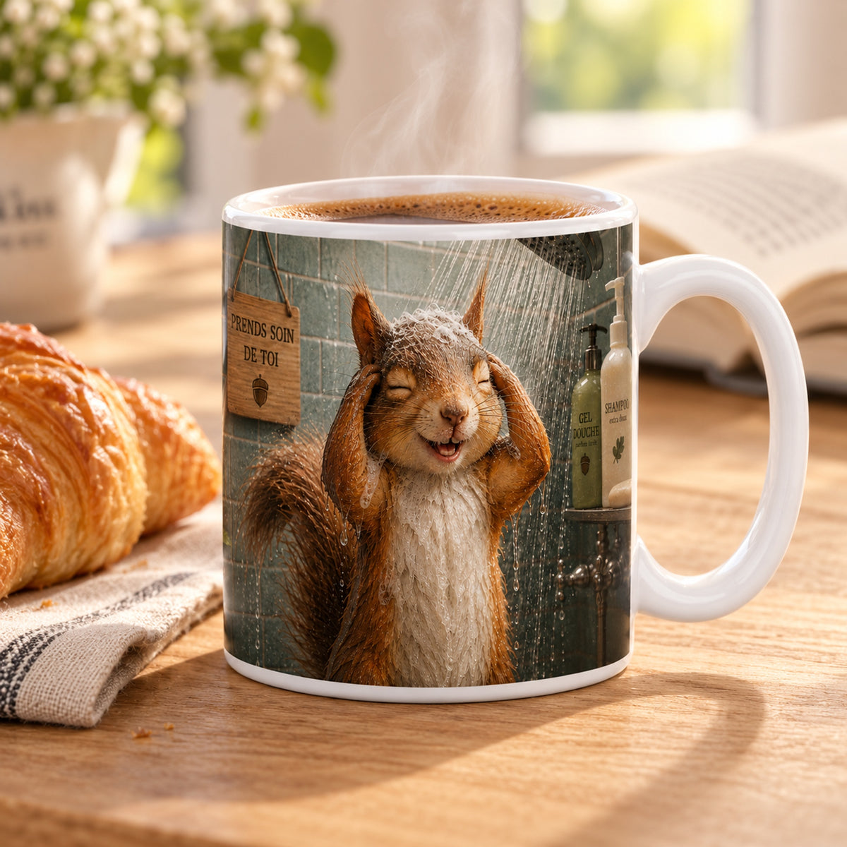 Mug Écureuil sous la Douche « Prends Soin de Toi » posé sur une table en bois avec un croissant, pause café