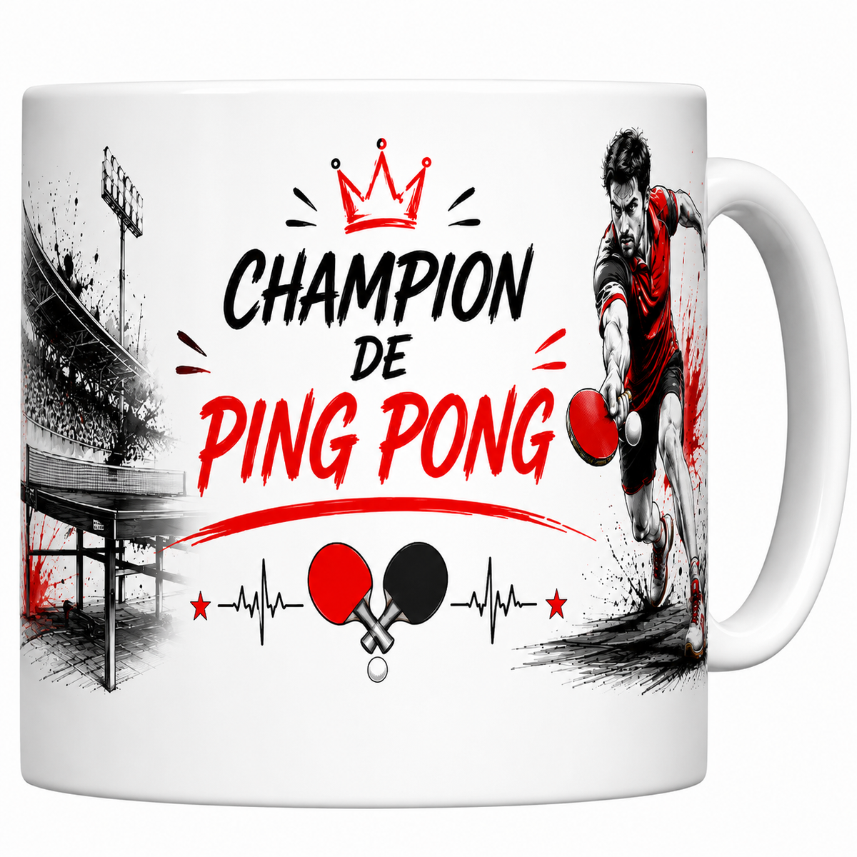 Mug Champion de ping pong en céramique blanche, pongiste en rouge et raquettes croisées