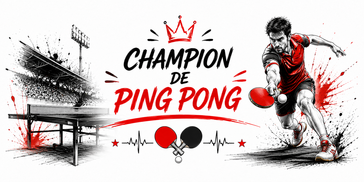 Visuel Champion de ping pong : attaque au ras de la table, couronne rouge, raquettes croisées et balle