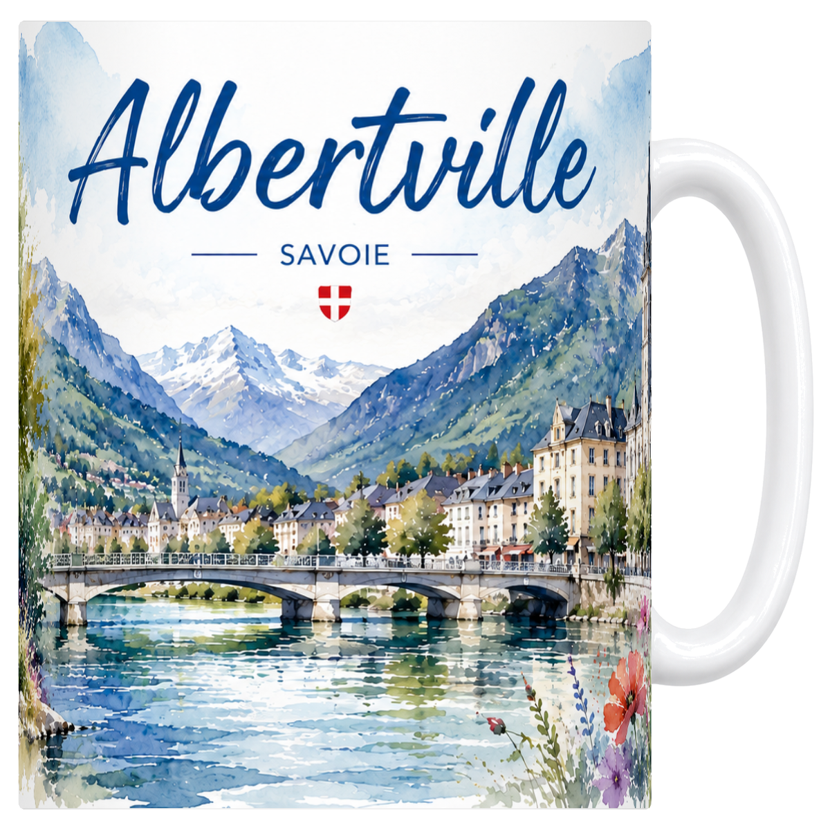 Mug blanc en céramique 330 ml illustré d'une aquarelle d'Albertville en Savoie