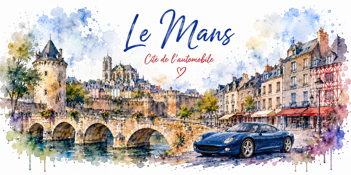 Aquarelle du Mans : le nom en calligraphie bleue et le sous-titre « Cité de l'automobile », une tour de l'enceinte romaine et la cathédrale gothique à gauche, un pont de pierre à arches sur la Sarthe, les façades et les terrasses de la vieille ville à droite, une maison à colombages et un coupé sportif bleu au premier plan