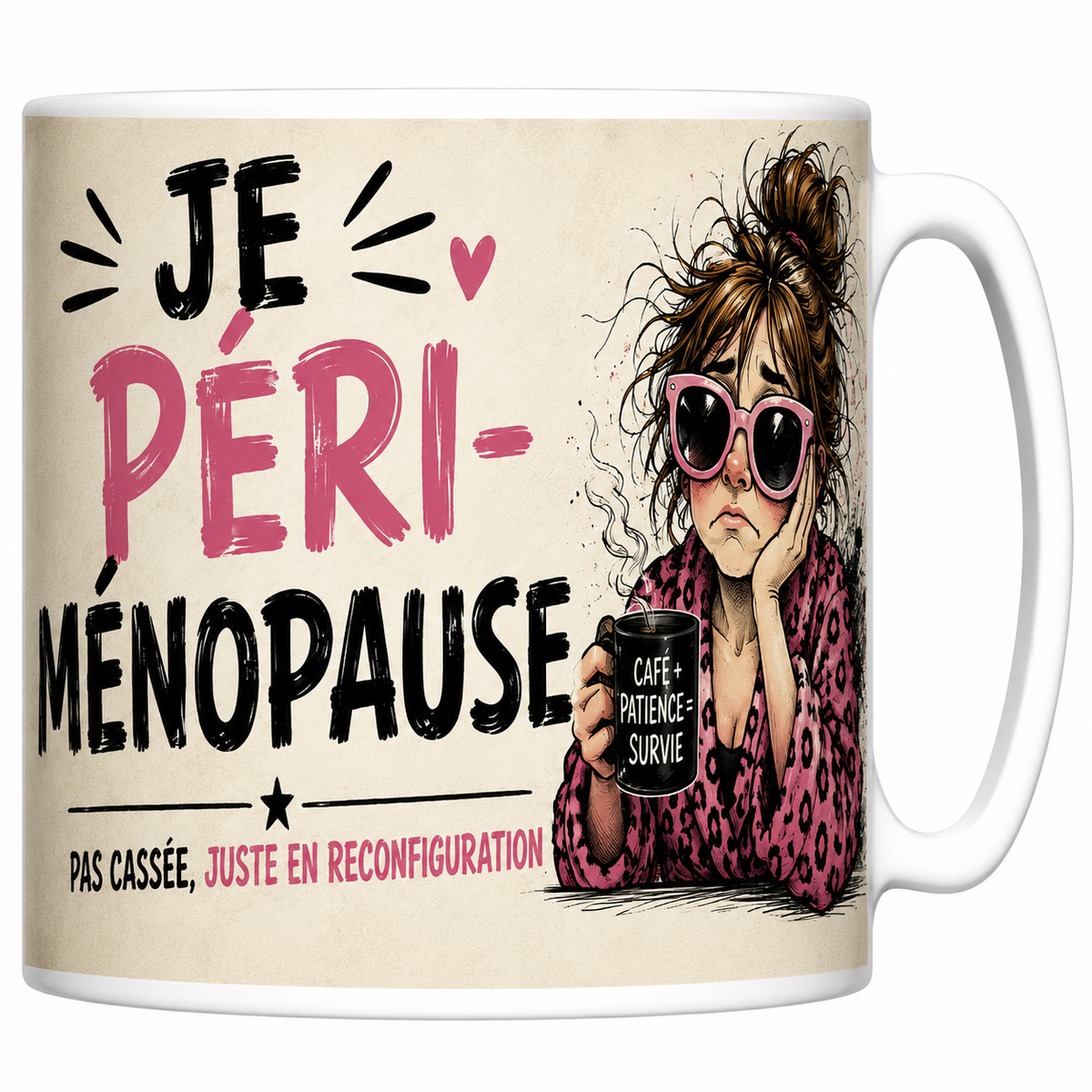 Mug céramique 330 ml « Je péri-ménopause » : femme au chignon décoiffé en léopard et lunettes noires