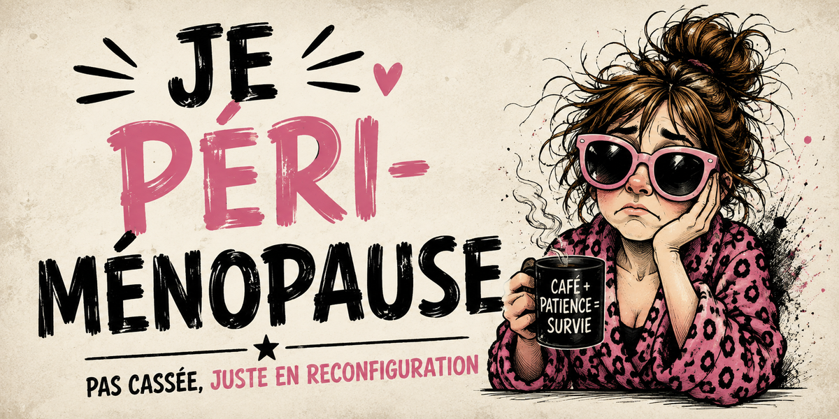 Visuel « Je péri-ménopause — pas cassée, juste en reconfiguration » : femme boudeuse en léopard