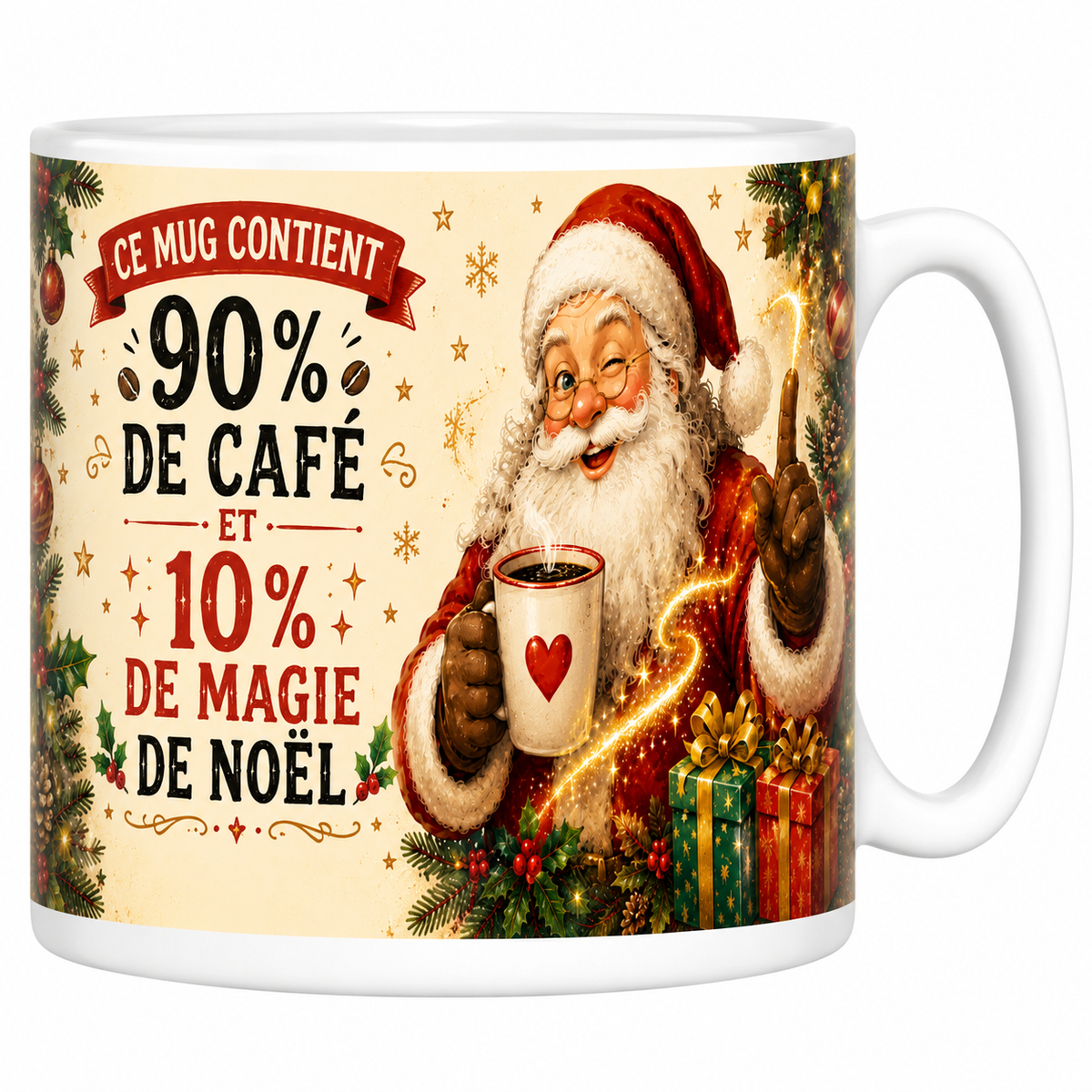 Mug céramique blanc « Ce mug contient 90% de café et 10% de magie de Noël » avec Père Noël