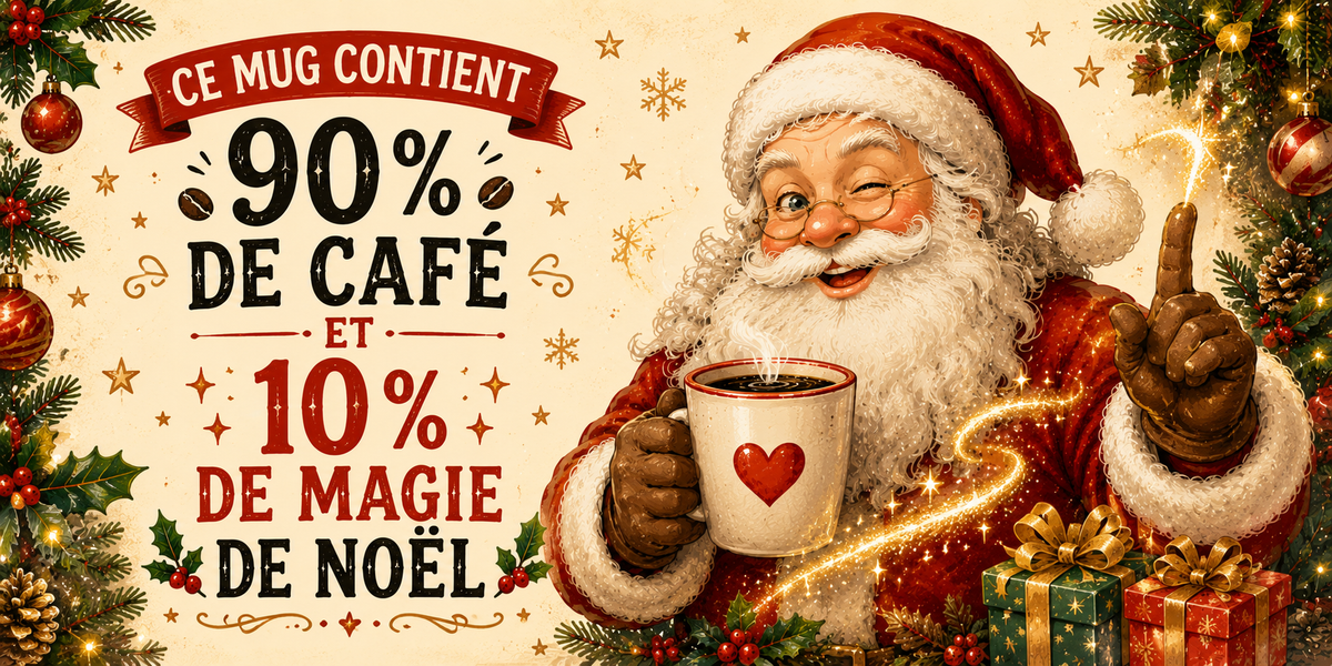 Design du mug 90% Café 10% Magie de Noël : Père Noël vintage, tasse au cœur rouge et traînée d'étoiles dorées