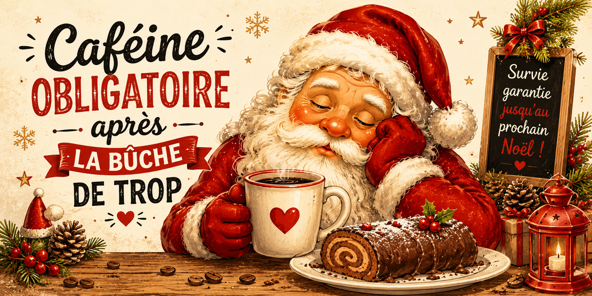 Design du mug Caféine Obligatoire : Père Noël repu, bûche au chocolat et ardoise « Survie garantie »