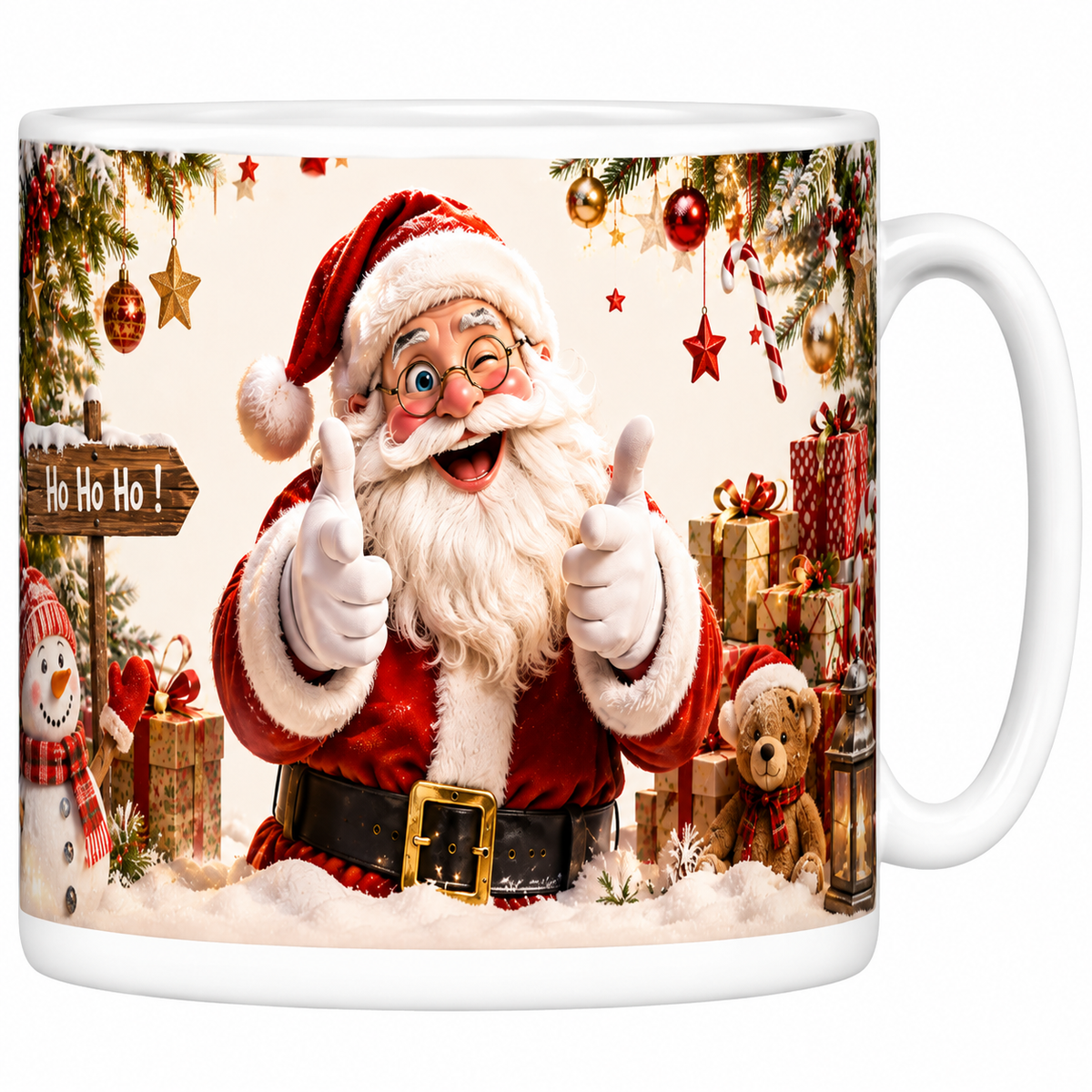 Mug céramique blanc Père Noël pouces levés avec panneau Ho Ho Ho et bonhomme de neige