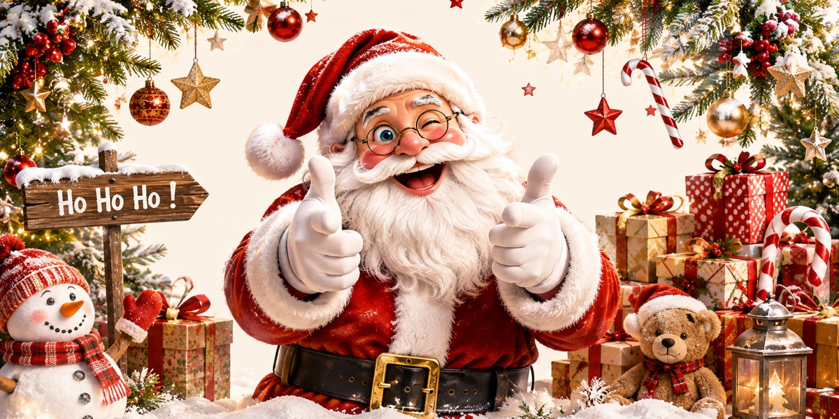 Design du mug Père Noël Ho Ho Ho : clin d'œil, pouces levés, cadeaux, sucres d'orge et panneau de bois