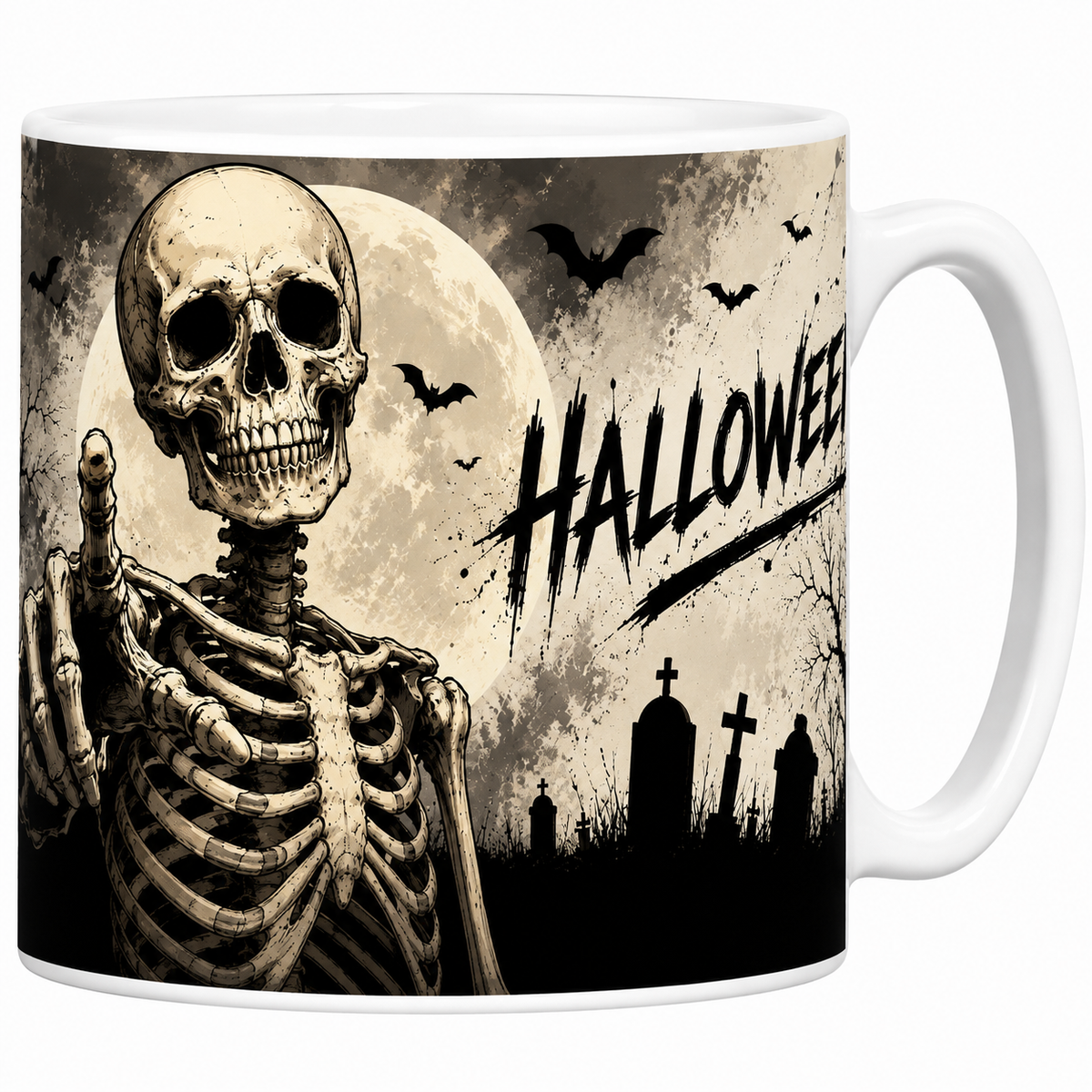 Mug céramique blanc squelette provocateur au majeur levé, lettrage Halloween et pleine lune, noir et blanc