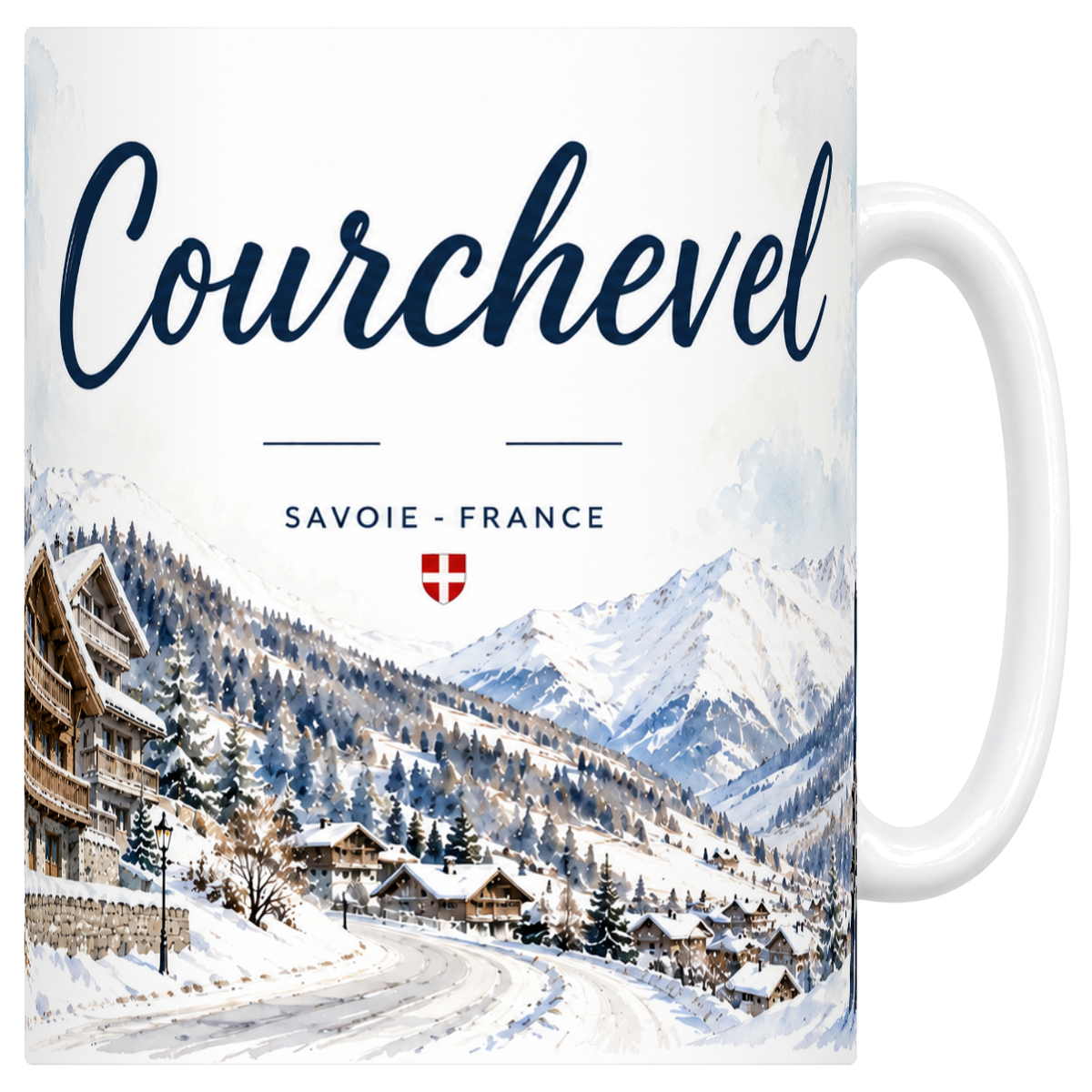 Mug blanc en ceramique 330 ml illustre d'une aquarelle de Courchevel