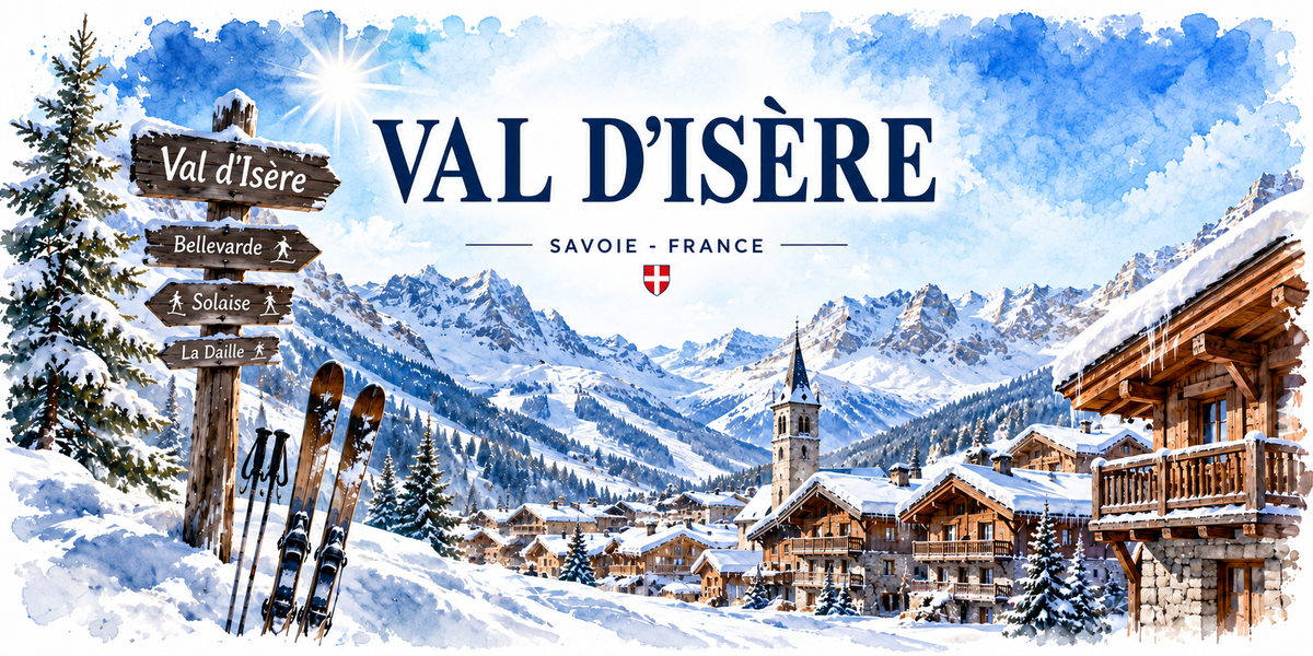 Aquarelle de Val d'Isere : le nom en grandes capitales bleues et la mention SAVOIE - FRANCE sous une croix de Savoie, le village enneige et son clocher a bulbe, un grand chalet de bois a droite, les sommets blancs au fond, un poteau directionnel vers Val d'Isere, Bellevarde, Solaise et La Daille et une paire de skis