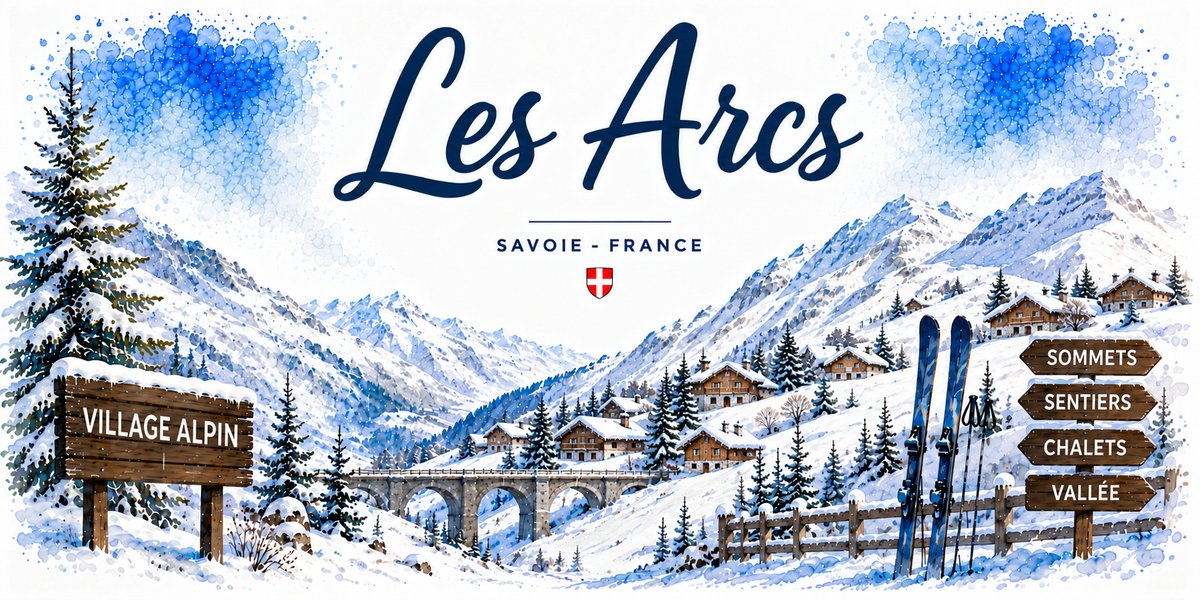 Aquarelle des Arcs : le nom en lettres cursives bleues et la mention SAVOIE - FRANCE sous une croix de Savoie, un village de chalets enneiges au creux de la vallee, un viaduc de pierre, les sommets blancs tout autour, un panneau de bois VILLAGE ALPIN et un poteau directionnel vers sommets, sentiers, chalets et vallee avec une paire de skis