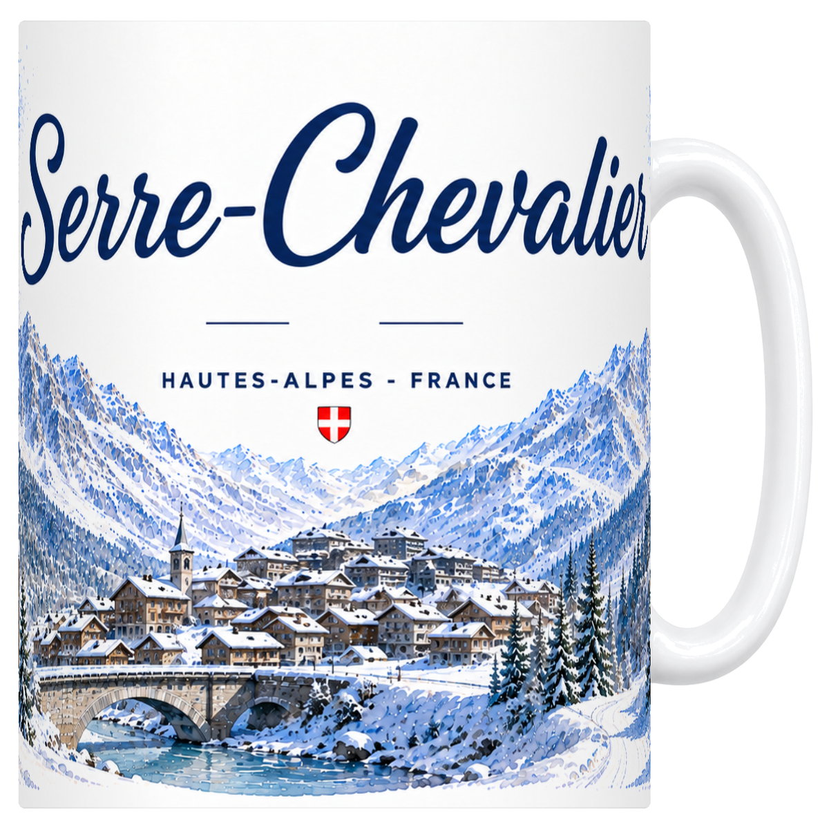 Mug blanc en ceramique 330 ml illustre d'une aquarelle de Serre-Chevalier