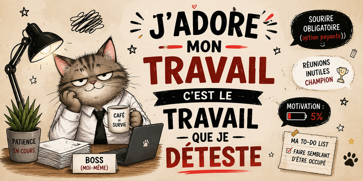 Design du mug J'adore Mon Travail : chat en cravate, mug Café = Survie, Réunions inutiles champion, Motivation 5 %