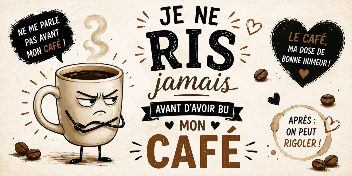 Design du mug Je ne Ris Jamais : tasse boudeuse, « Ne me parle pas avant mon café ! » et « Après : on peut rigoler ! »