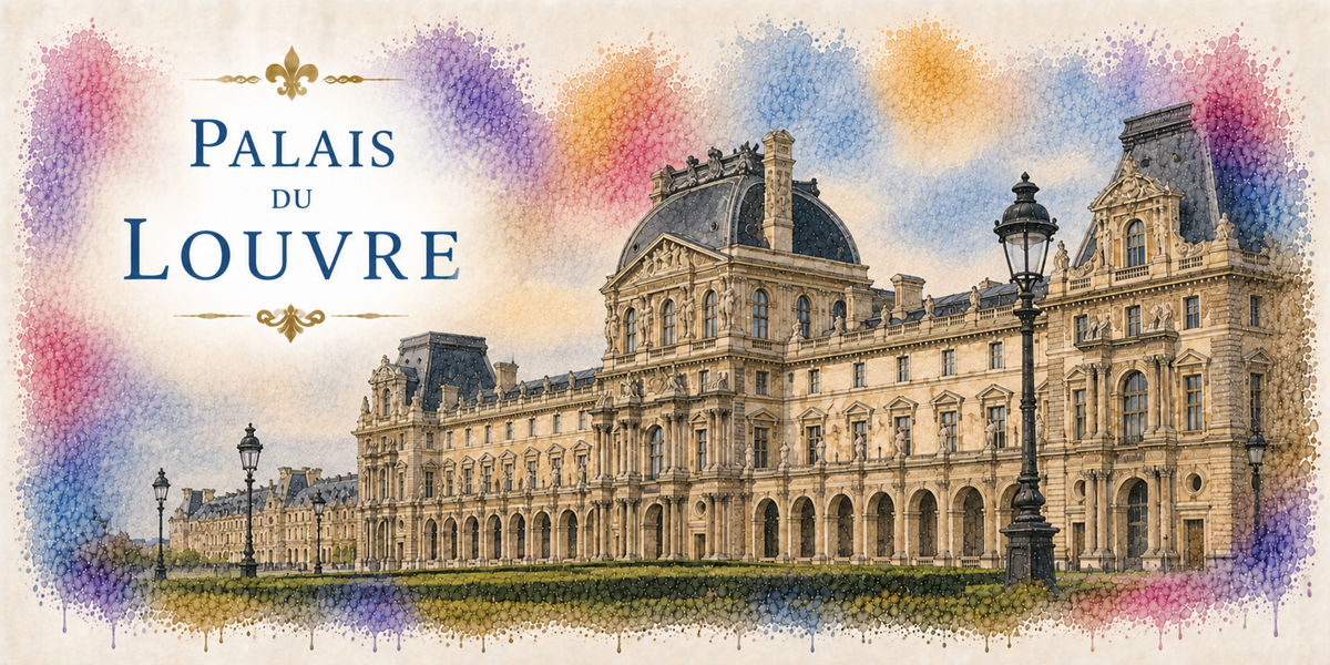 Aquarelle du palais du Louvre : le titre PALAIS DU LOUVRE, la longue facade classique du palais et ses pavillons a dome, deux reverberes parisiens, les pelouses du jardin au premier plan et un encadrement de touches de couleur pastel