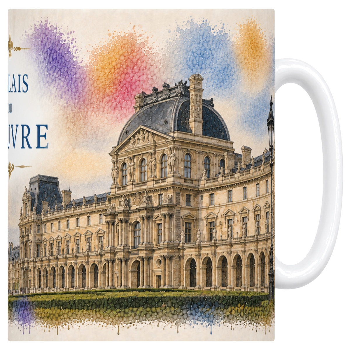 Mug blanc en ceramique 330 ml illustre d'une aquarelle du palais du Louvre a Paris