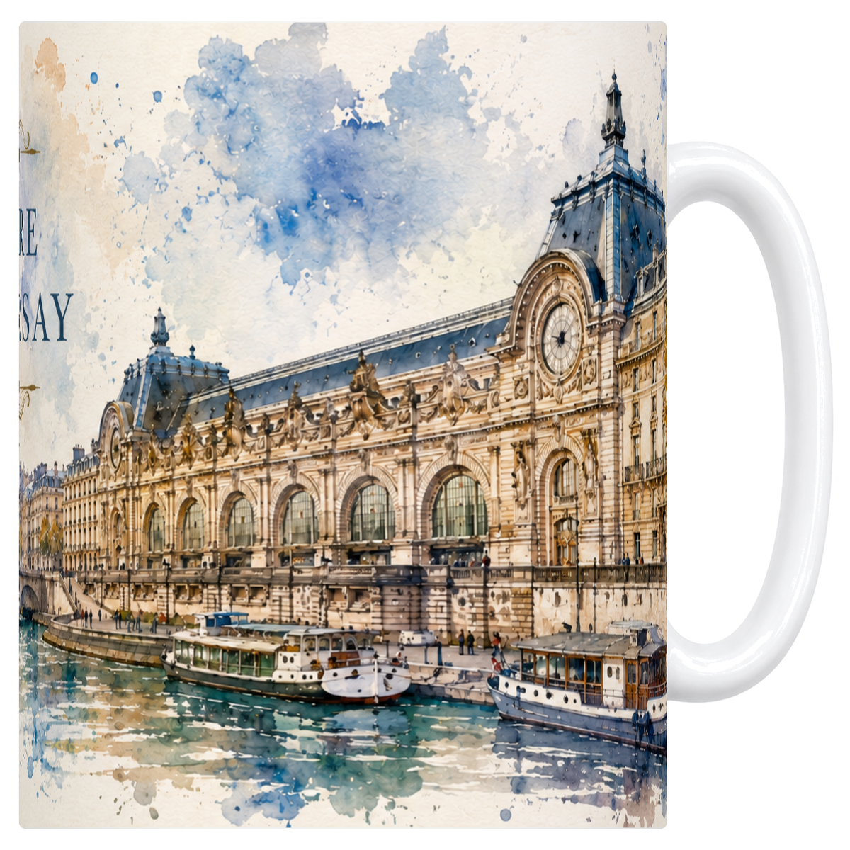 Mug blanc en ceramique 330 ml illustre d'une aquarelle de la gare d'Orsay a Paris