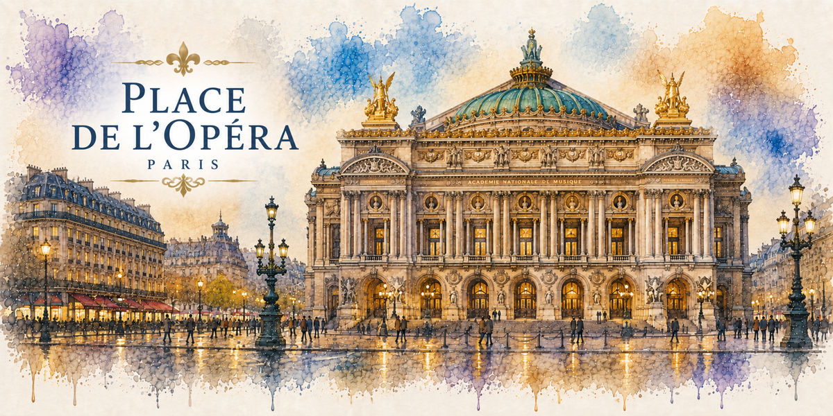 Aquarelle de la place de l'Opera : le titre PLACE DE L'OPERA - PARIS, la facade a colonnes et son dome de cuivre vert surmonte de deux groupes dores, les candelabres de la place, les immeubles haussmanniens et les terrasses de cafe a gauche, et les reflets sur le pave mouille