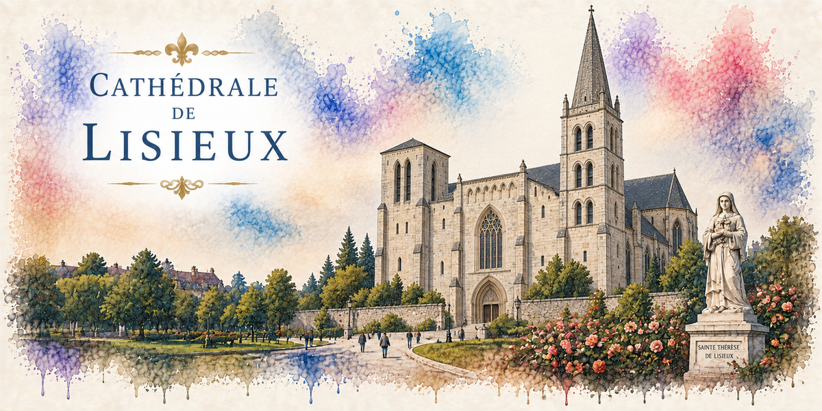 Aquarelle de la cathédrale Saint-Pierre de Lisieux : la nef gothique de pierre claire, ses deux tours et sa haute flèche, un jardin d'arbres et de massifs de roses, une statue de pierre à droite et des taches d'aquarelle colorées en fond de ciel