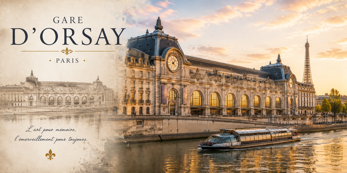 Photographie de la gare d'Orsay : le titre GARE D'ORSAY - PARIS sur un cartouche ancien avec un croquis a la mine et la phrase L'art pour memoire, l'emerveillement pour toujours, puis la facade eclairee au couchant au bord de la Seine, ses horloges et ses arcades, un bateau-mouche sur le fleuve et la tour Eiffel en silhouette au fond
