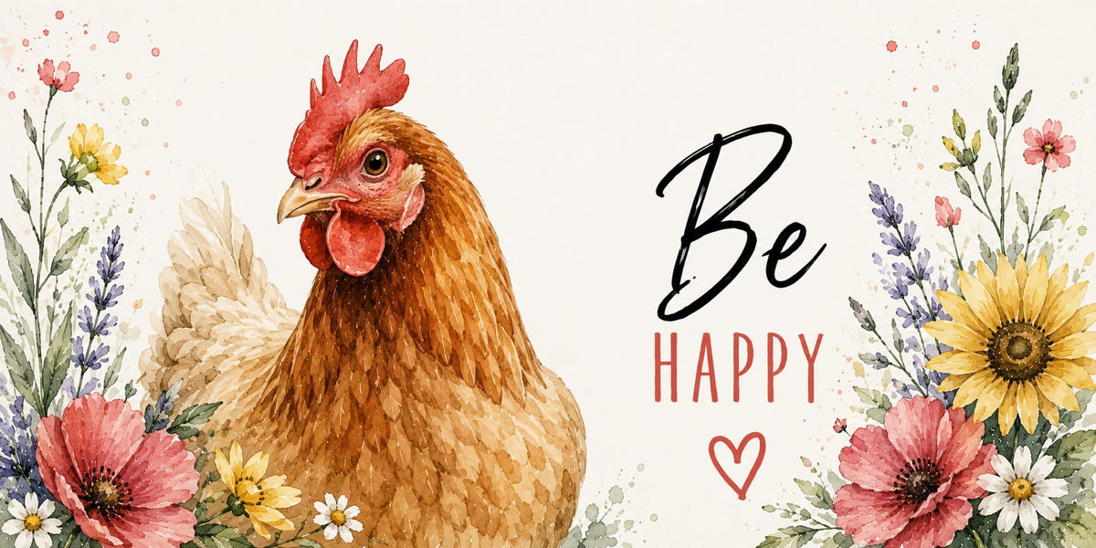 Visuel poule Be Happy : poule rousse de profil, tournesol, lavande, marguerites et pavots, cœur rouge