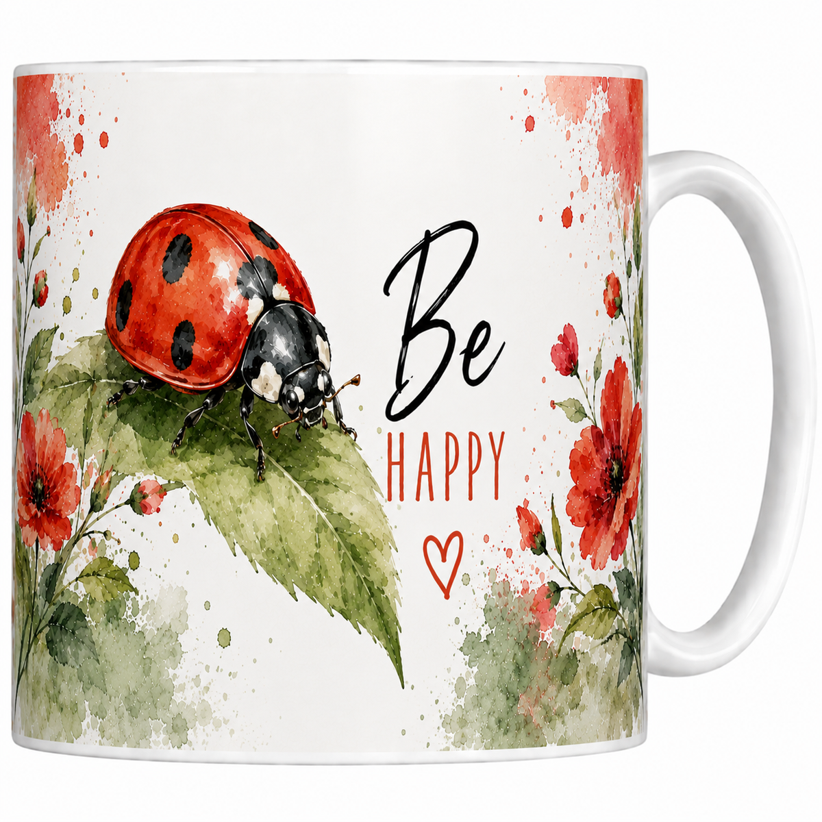 Mug céramique 330 ml coccinelle Be Happy : coccinelle rouge à points noirs sur sa feuille, coquelicots