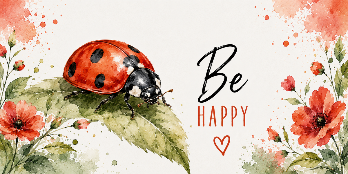 Visuel coccinelle Be Happy : coccinelle rouge sur une feuille verte, coquelicots rouges et cœur rouge