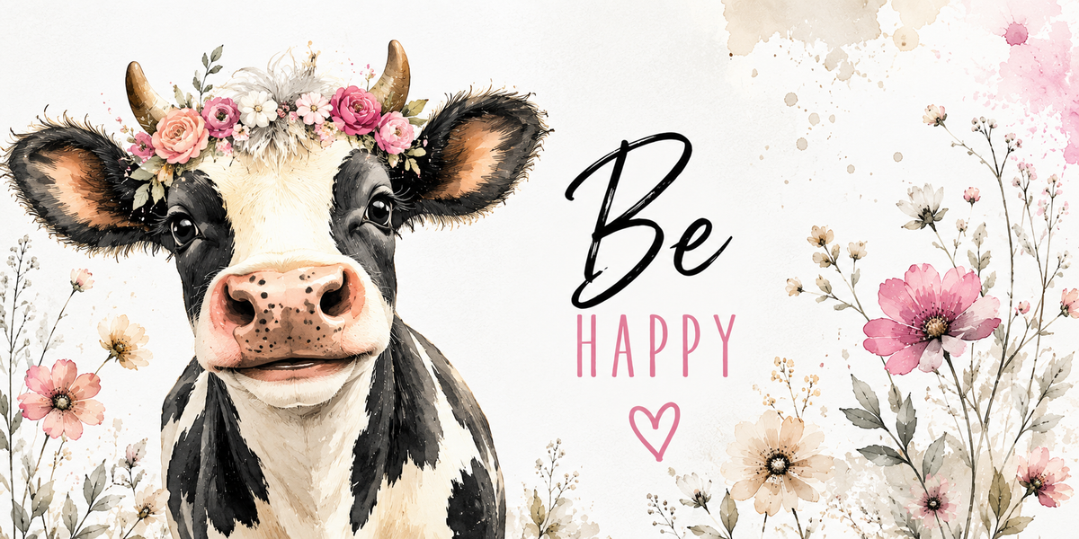 Visuel vache Be Happy : vache noir et blanc au museau rose, couronne de fleurs, prairie fleurie