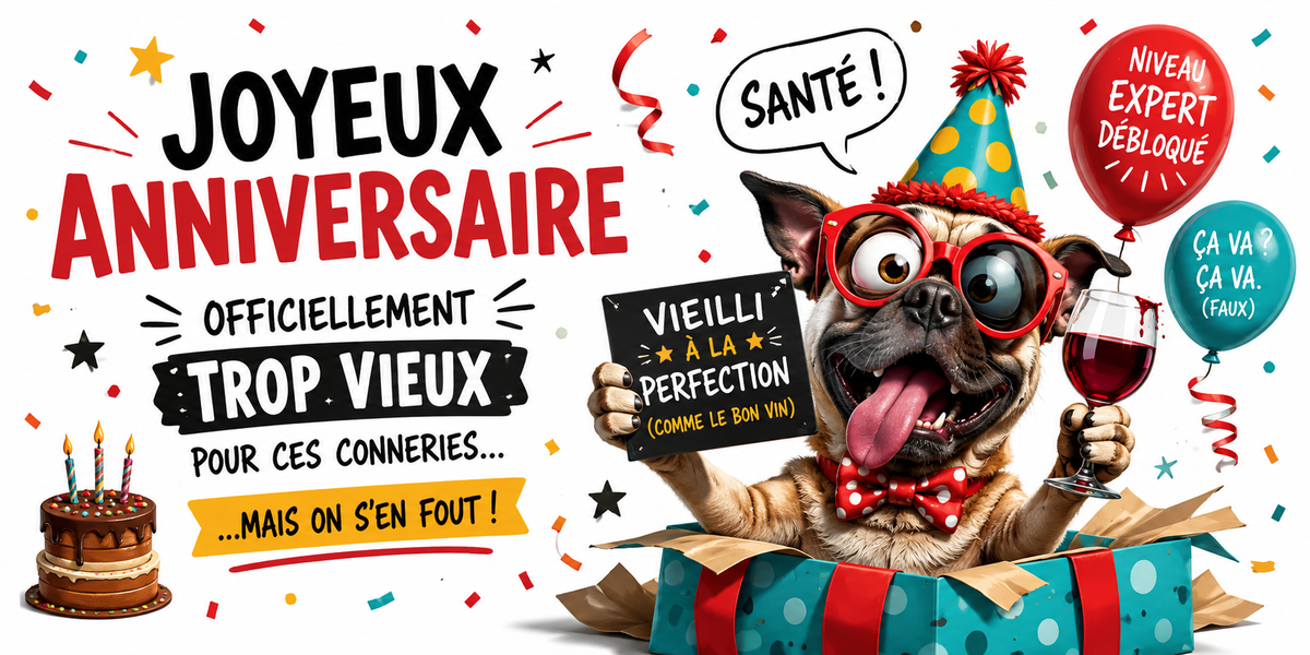 Visuel « Joyeux anniversaire, officiellement trop vieux pour ces conneries » : carlin à lunettes rouges
