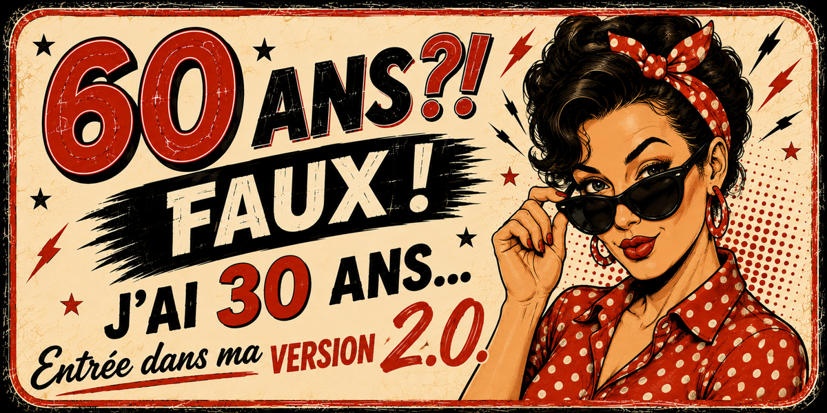 Visuel 60 ans femme « Faux ! J'ai 30 ans, entrée dans ma version 2.0 » : pin-up à pois rouges