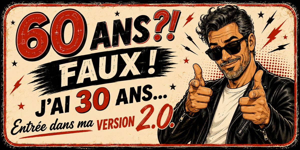 Visuel 60 ans homme « Faux ! J'ai 30 ans, entrée dans ma version 2.0 » : homme à lunettes noires, pouce levé