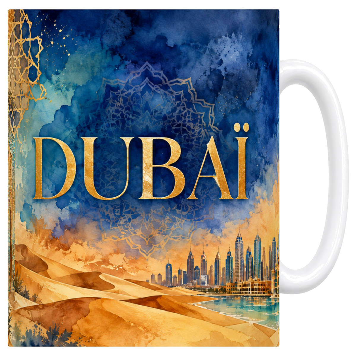 Mug blanc en céramique 330 ml illustré d'un panorama aquarelle de Dubaï au nom doré