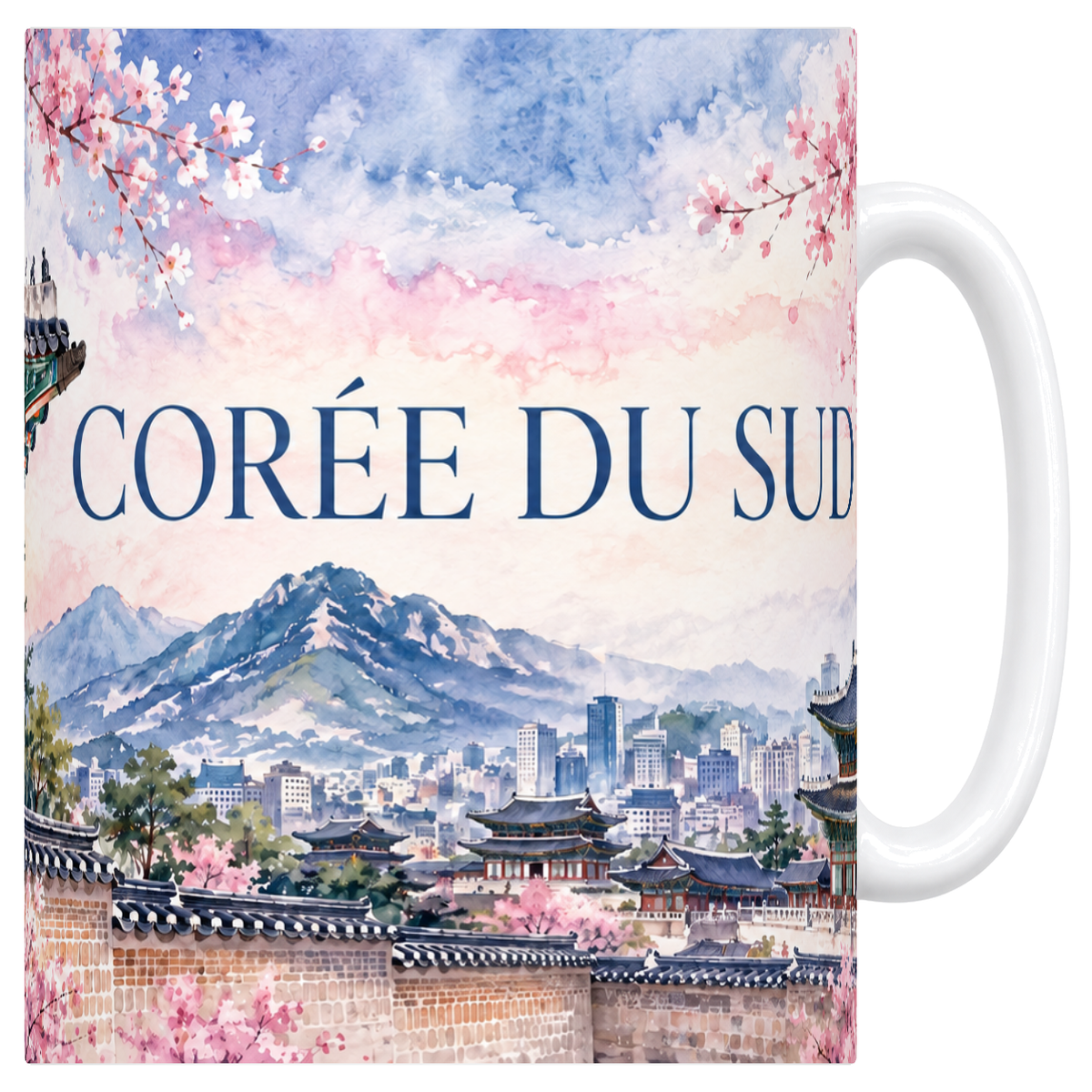 Mug blanc en céramique 330 ml illustré d'un panorama aquarelle de la Corée du Sud sous les cerisiers