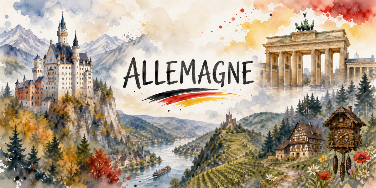 Panorama d'Allemagne à l'aquarelle : le nom ALLEMAGNE en capitales noires souligné des trois couleurs nationales, un château blanc perché sur un éperon rocheux à gauche, une vallée fluviale boisée au centre, un portique à colonnes à droite, une maison à colombages et une horloge à coucou
