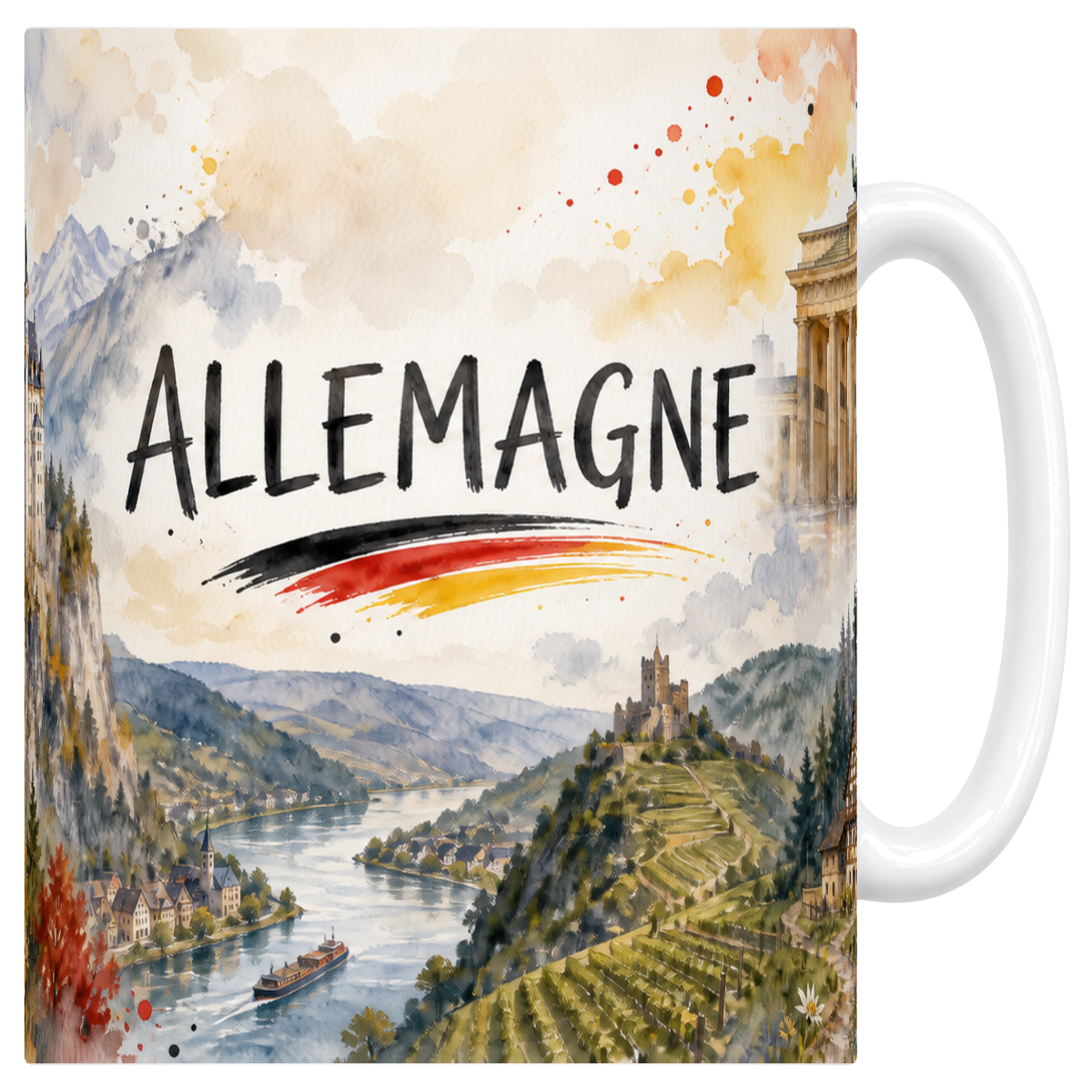 Mug blanc en céramique 330 ml illustré d'un panorama aquarelle de l'Allemagne, châteaux et vallées